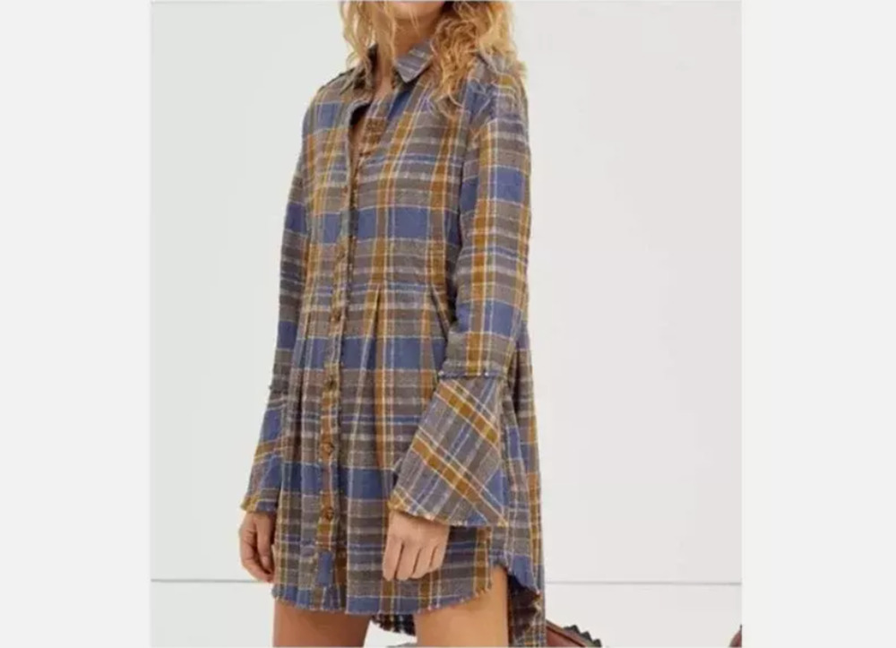 Free People Mary Ann Tunic Shirt Women Medium Dress Blue Brown Plaid Button Down